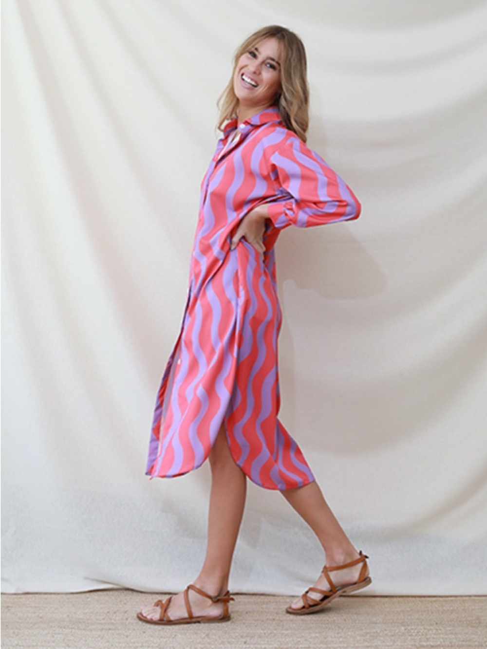 Wavy Stripe Button-Down Midi Shirt Dress/
Pool coverup
